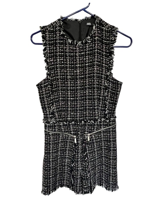 Zara Pants - Zara Black and White Tweed Fringe Zip Romper with Pink Accents